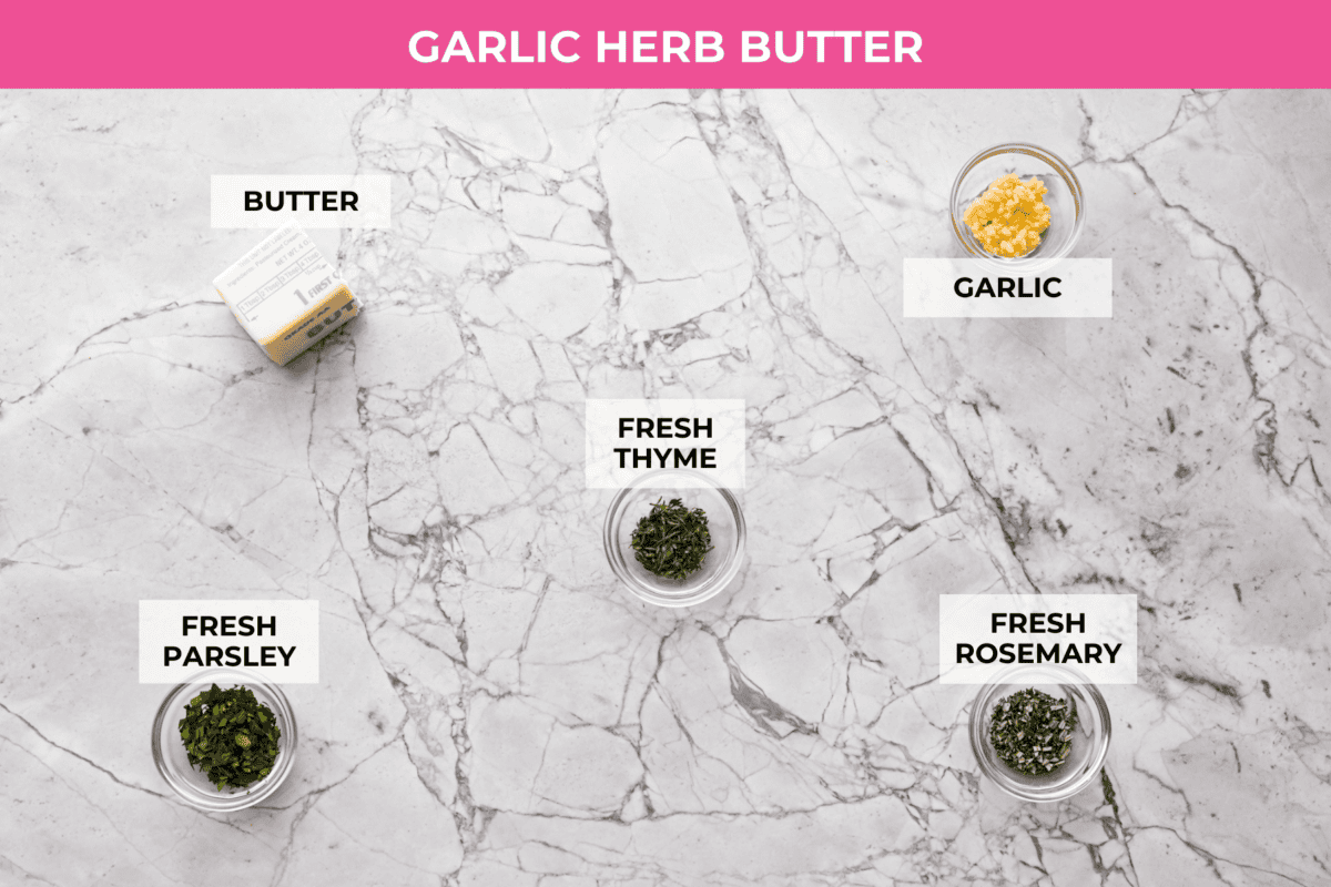 My Air Fryer Steak is a favorite around here for a reason! Itโs perfectly seared, super juicy, and so full of flavorโitโs my go-to way to make steak! Overhead shot of labeled garlic herb butter ingredients.