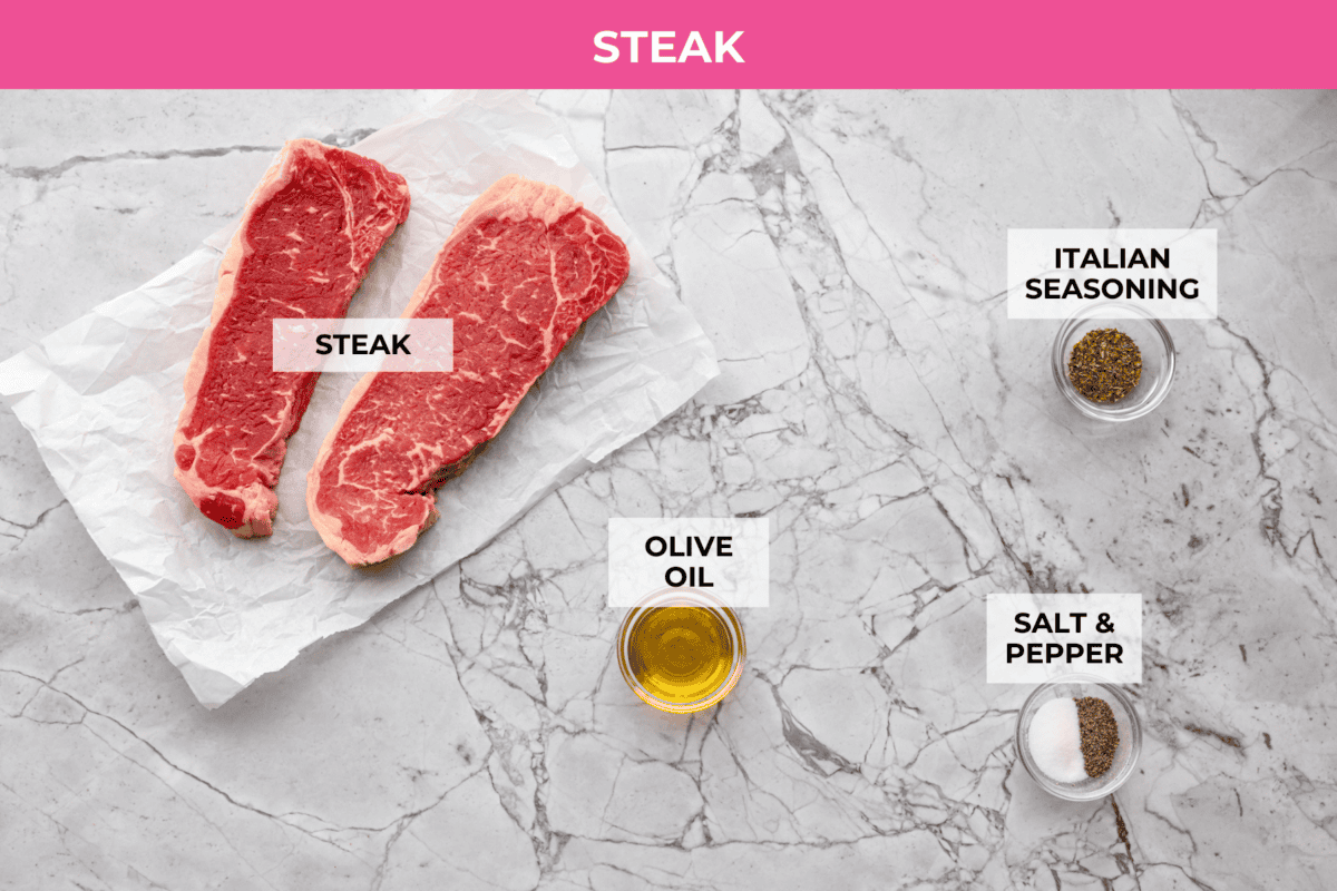 My Air Fryer Steak is a favorite around here for a reason! Itโs perfectly seared, super juicy, and so full of flavorโitโs my go-to way to make steak! Overhead shot of labeled steak ingredients.