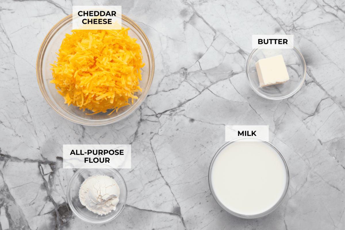 My homemade cheese sauce is ultra-creamy, wildly easy, and totally better than anything from a jar. Mild for kids, bold enough for nachosโamazing on everything! Overhead shot of labeled ingredients.
