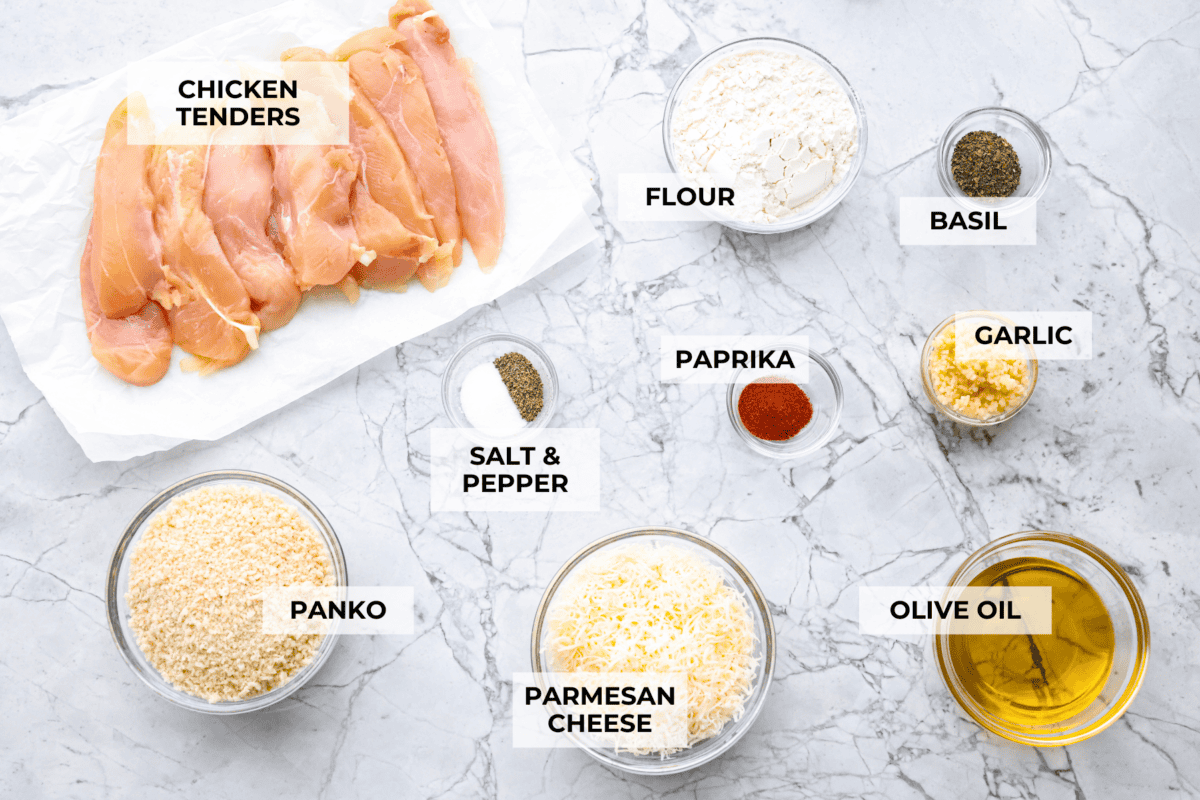 These air fryer chicken tenders are a lifesaver on crazy weeknights. Crispy, cheesy, and full of flavorโplus they cook up fast and my kidsย actuallyย ask for seconds. Total win! Overhead shot of labeled ingredients.