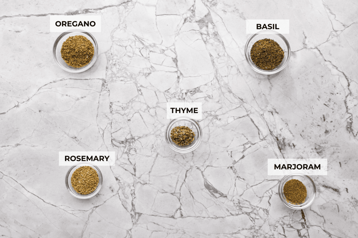 My homemade Italian seasoning is a go-to in my kitchen, and itโs quickly become a favorite with so many of you! It's bold, herby, and good enough to sprinkle on just about anything. Overhead shot of labeled ingredients.