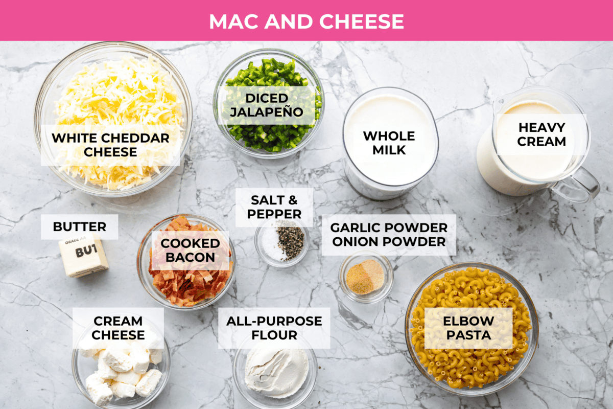 You guys, this Jalapeño Popper Mac and Cheese is downright sinful in the best way. Creamy, cheesy, spicy, and loaded with comfort food goodness! It’s easy to put together, and trust me, it’s so worth it! Overhead shot of labeled mac and cheese ingredients.
