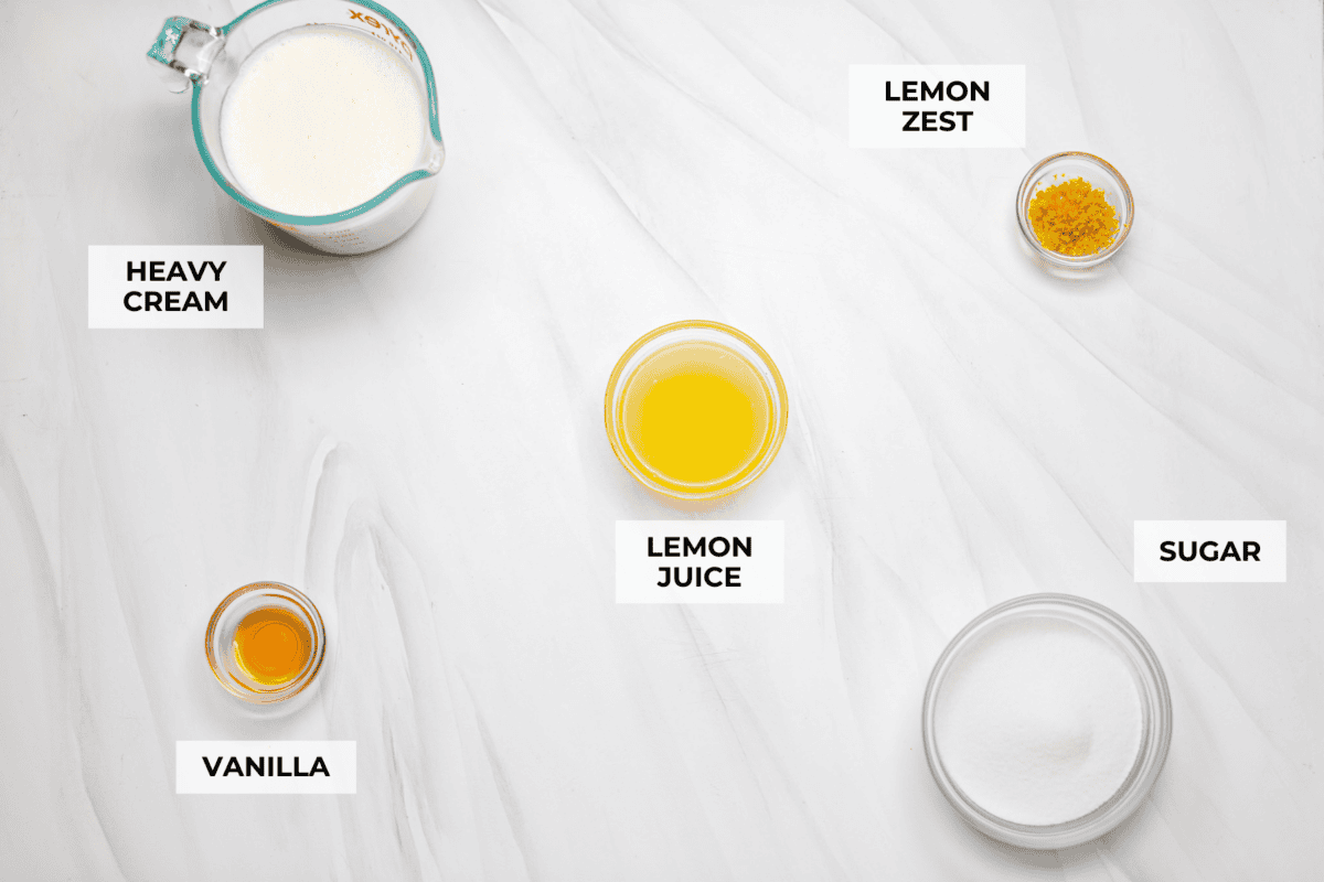 Lemon Posset- Only 5 Ingredients! Overhead shot of labeled ingredients.