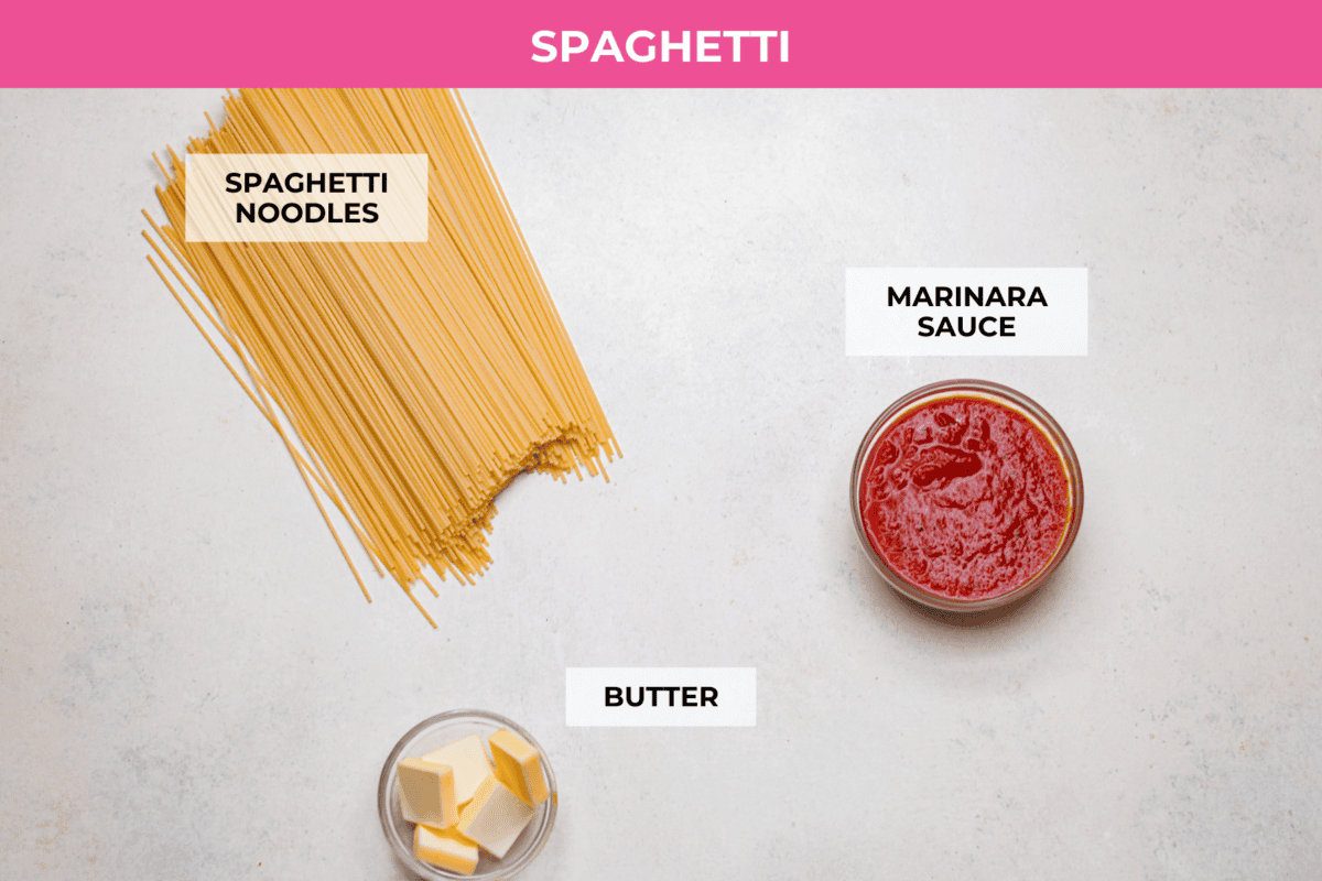 Million Dollar Spaghetti takes baked spaghetti to a whole new level. That cheesy, cream cheese, sour cream, and ricotta layer makes it so dreamy! One bite and you’ll ask, “Wait... why have I not been making spaghetti like this my whole life?” Overhead shot of labeled spaghetti ingredients.