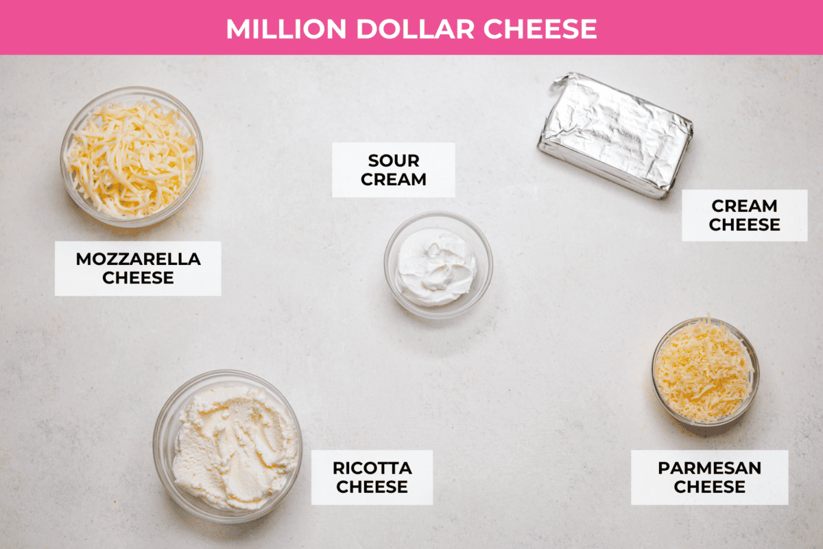 Million Dollar Spaghetti takes baked spaghetti to a whole new level. That cheesy, cream cheese, sour cream, and ricotta layer makes it so dreamy! One bite and you’ll ask, “Wait... why have I not been making spaghetti like this my whole life?” Overhead shot of labeled million dollar cheese mixture ingredients.