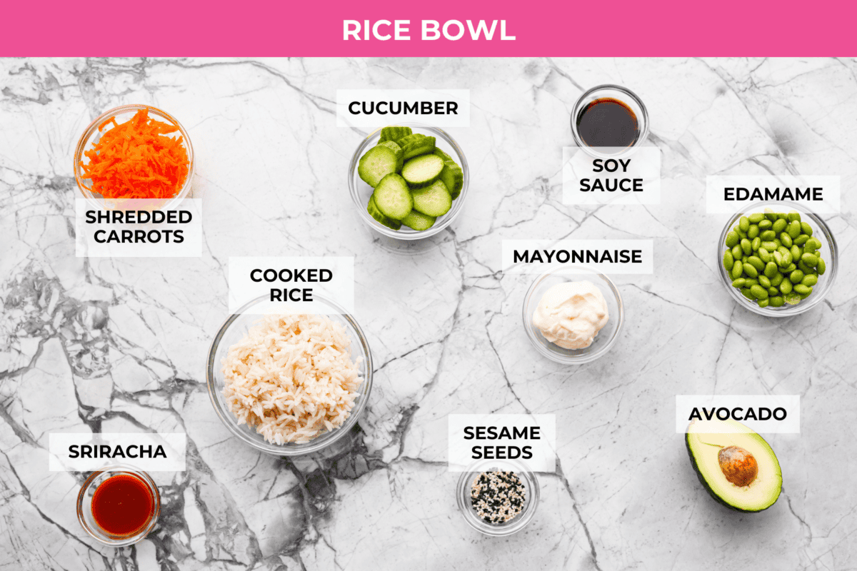 My air fryer salmon rice bowl combines crisp salmon, fluffy rice, fresh veggies, and a spicy sriracha mayo drizzle. Plus, it's ready in less than 20 minutes! Overhead shot of labeled rice bowl ingredients.