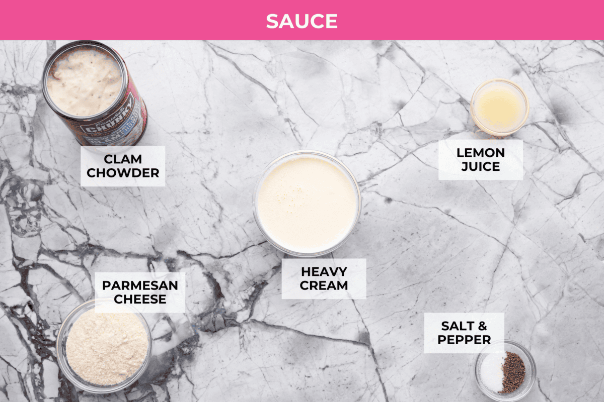If youโre a seafood lover, you'll be obsessed with this Seafood Lasagna. Iโm talking crab, scallops, and shrimp in creamy, cheesy layers, baked to bubbly perfection. Itโs my go-to dinner when Iโm cooking for seafood fans! Overhead shot of labeled sauce ingredients.