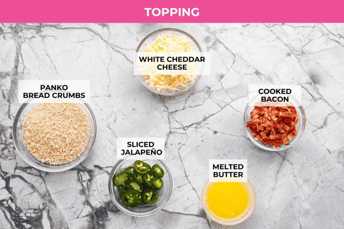 You guys, this Jalapeño Popper Mac and Cheese is downright sinful in the best way. Creamy, cheesy, spicy, and loaded with comfort food goodness! It’s easy to put together, and trust me, it’s so worth it! Overhead shot of labeled crunchy topping ingredients.