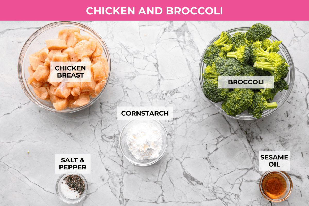 Skillet Sesame Chicken & Broccoli is your new favorite weeknight winner! With sweet and savory flavors in every bite, this easy stir-fry comes together in just 30 minutes. Overhead shot of labeled chicken and broccoli ingredients.