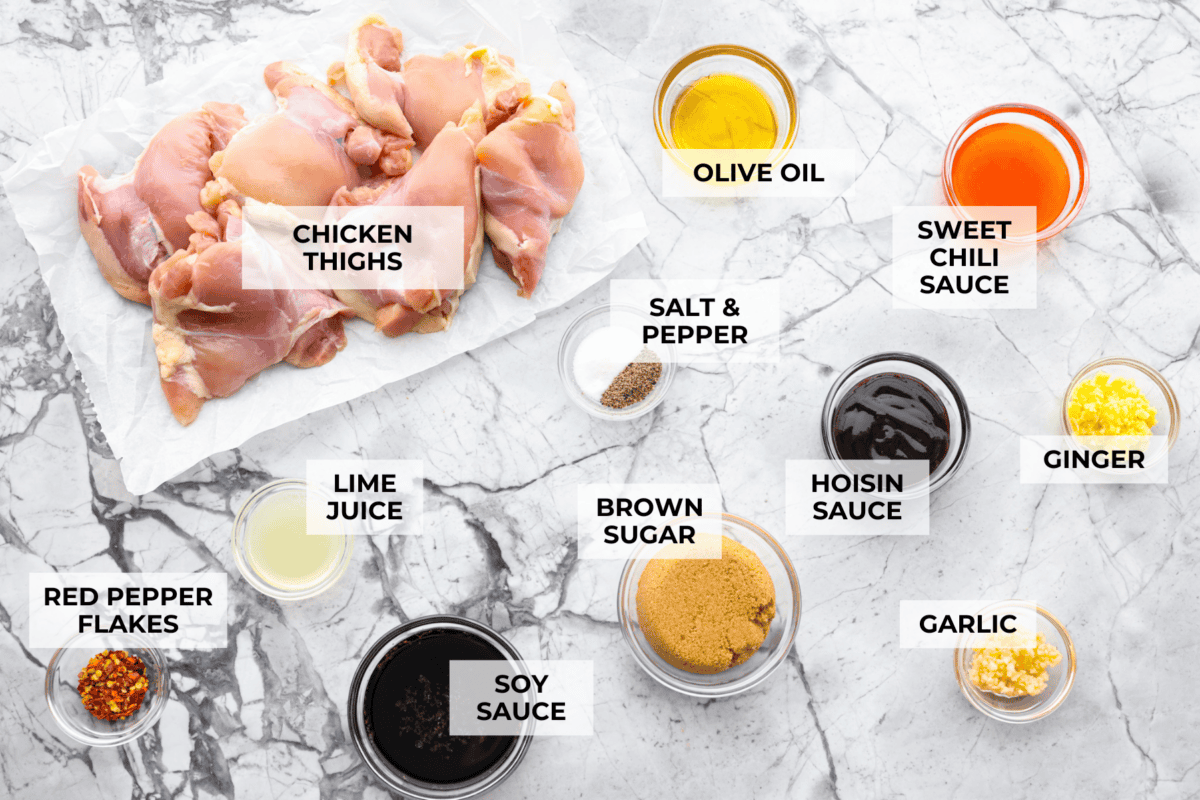 My Sticky Asian Glazed Chicken is one of those dinners I keep coming back to. Itโs sweet, a little savory, and full of flavorโbut honestly, itโs the caramelized glaze that seals the deal. It's SO GOOD! Overhead shot of labeled ingredients.
