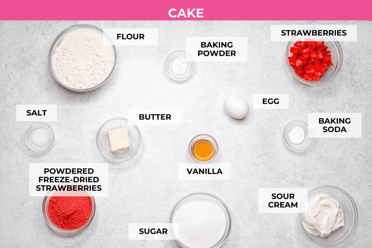 Ever since I discovered the amazing flavors that freeze-dried strawberries add, I’ve been using them as much as possible. This strawberry cake? No exception. And don’t even get me started on the frosting... It’s dangerously good. Overhead shot of labeled strawberry cake ingredients.