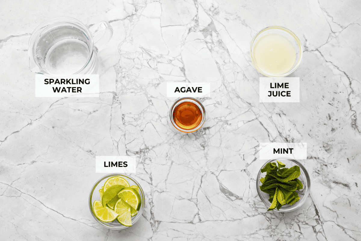 My Virgin Mojito is like a vacation in a glass. Crisp, minty, and packed with fresh lime flavor. This non-alcoholic drink is something my whole family loves! Overhead shot of labeled ingredients.