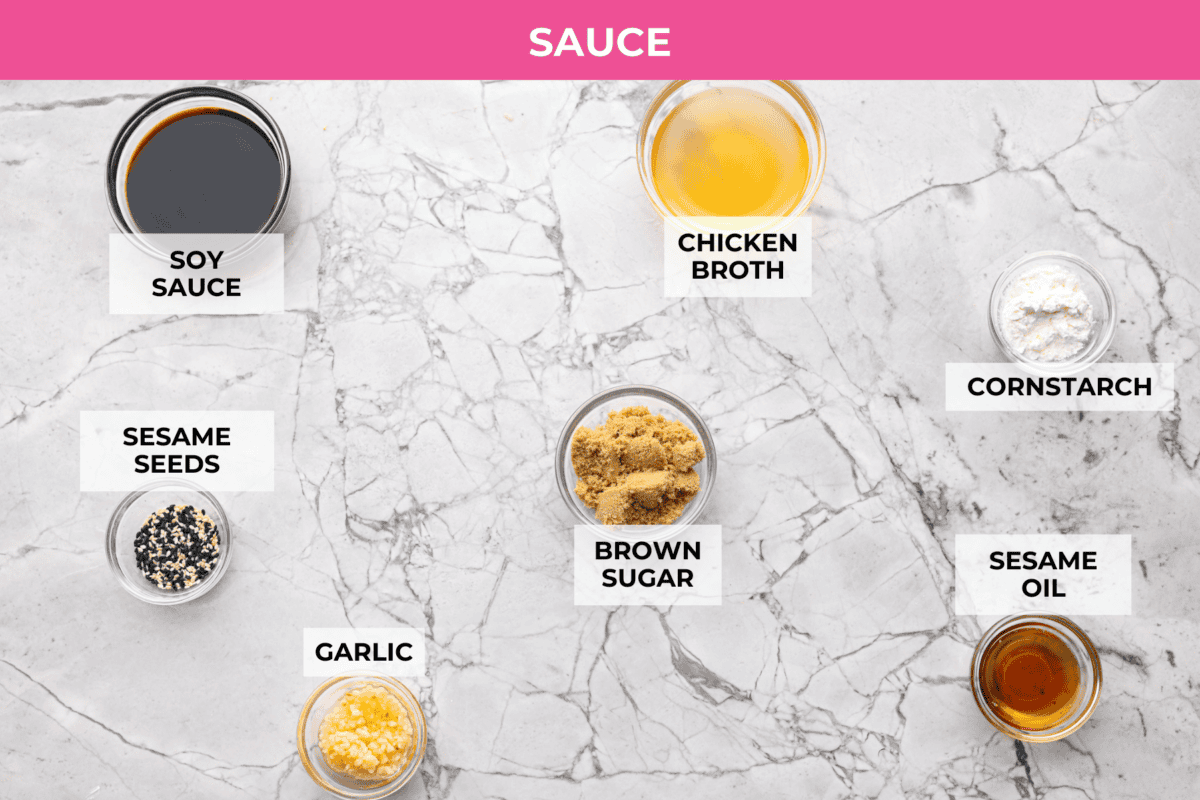 Skillet Sesame Chicken & Broccoli is your new favorite weeknight winner! With sweet and savory flavors in every bite, this easy stir-fry comes together in just 30 minutes. Overhead shot of labeled sauce ingredients.