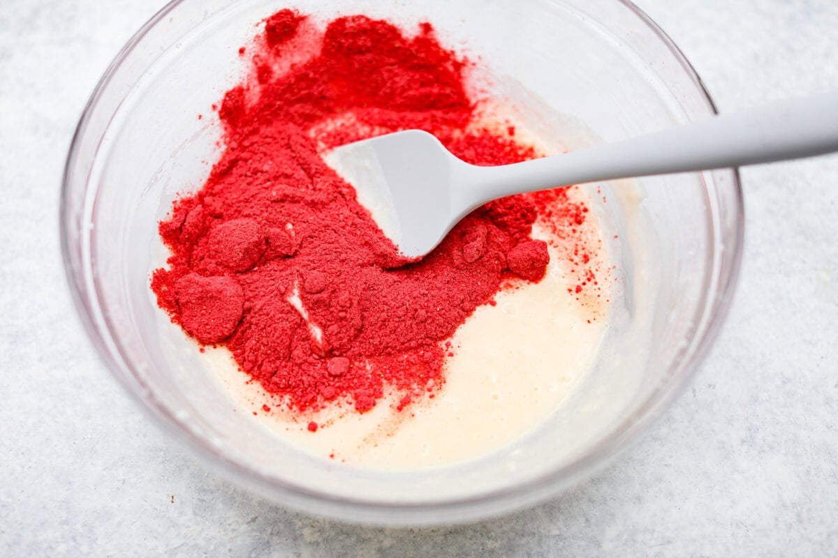 Ever since I discovered the amazing flavors that freeze-dried strawberries add, I’ve been using them as much as possible. This strawberry cake? No exception. And don’t even get me started on the frosting... It’s dangerously good. All of the wet ingredients combined with the freeze dried strawberry powder.