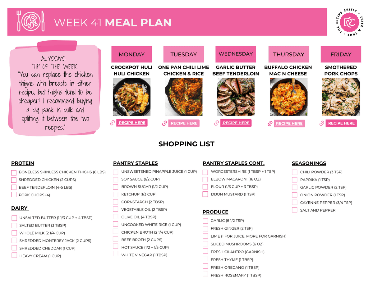 This weekโs meal plan is packed with flavor and easy meals I know youโre going to love! I even added a crowd favorite (Crockpot Huli Huli Chicken) so get ready for a week of delicious dinners that even picky eaters will love! A pdf of a shopping list.