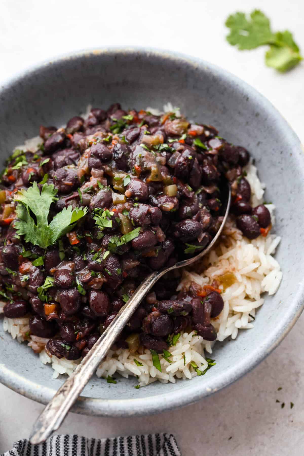 For these Cuban Black Beans, I used canned black beans to save time on soaking and cooking, so you can enjoy that rich, homemade flavor in a fraction of the time! Overhead shot of Cuban black beans over rice.