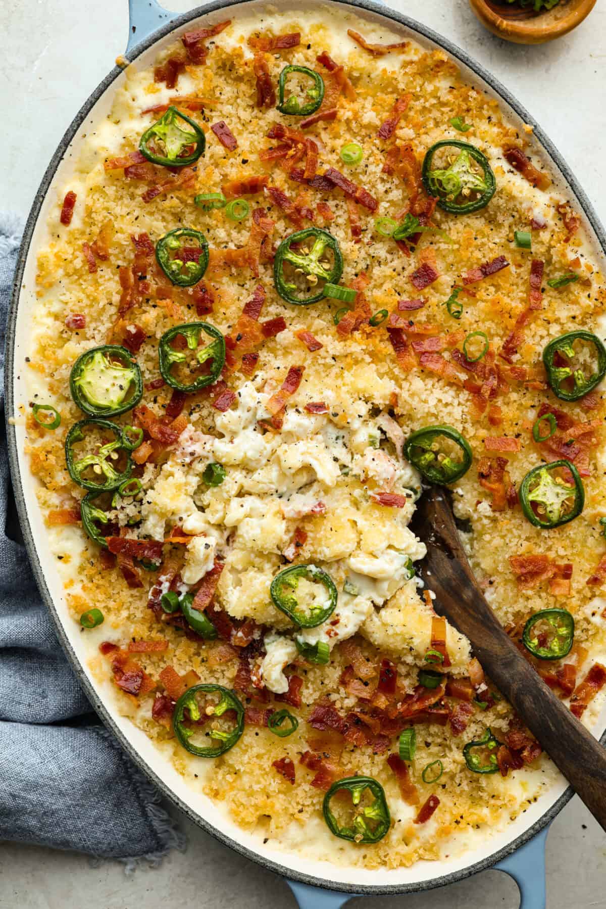 Overhead shot of baked jalapeño popper mac and cheese. 