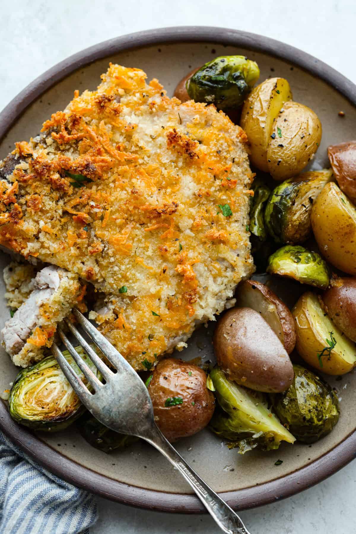 If you're looking for a tasty spin on pork chops, this is it! The crispy, cheesy texture -ย don't even get me started! YUM! Add in some roasted veggies, and you have the best Sheet Pan Crispy Pork Chops dinner! Overhead shot of plated sheet pan pork chops.