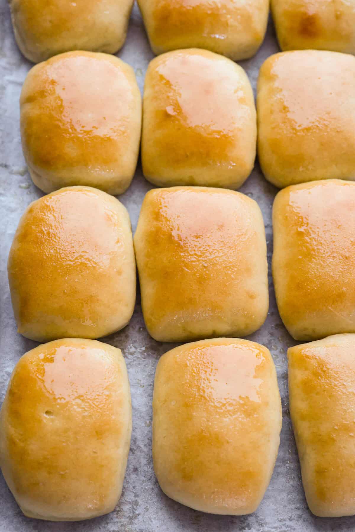 I am obsessed with Texas Roadhouse rollsโlike, zero self-control as soon as they hit the table. So, of course, I had to recreate them at home! These copycat Texas Roadhouse rolls are soft, fluffy, slightly sweet, and melt-in-your-mouth good. Overhead shot of baked Texas Roadhouse rolls.