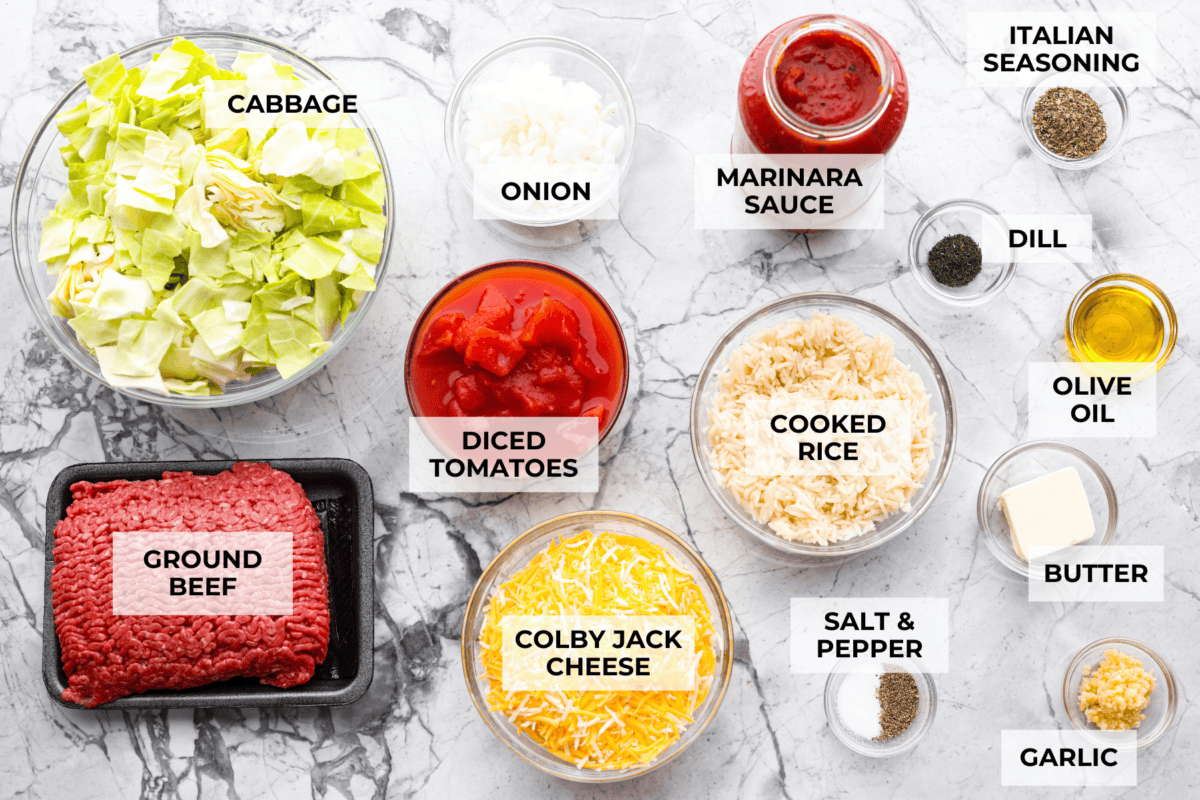 You love my cabbage rolls, and I know you guys love a casserole. So obviously, this cabbage roll casserole is the perfect match. All the delicious flavor with less work! Overhead shot of labeled cabbage roll casserole ingredients.