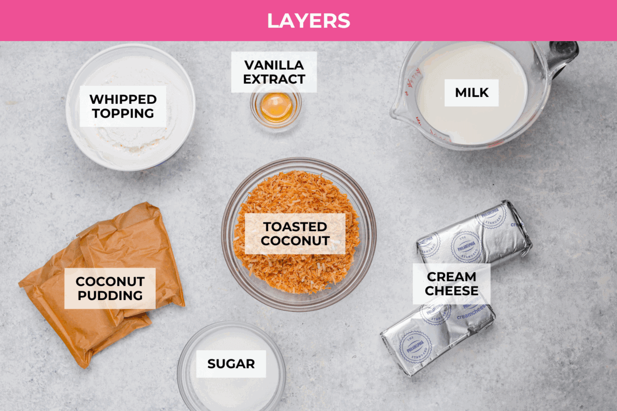 My Dad LOVES coconut cream pie! When I don't have it in me to make a pie, I make this easy Coconut Lush dessert! Itโs rich, dreamy, and always the first dessert to disappear at family gatherings. Overhead shot of labeled coconut lush dessert layers ingredients.