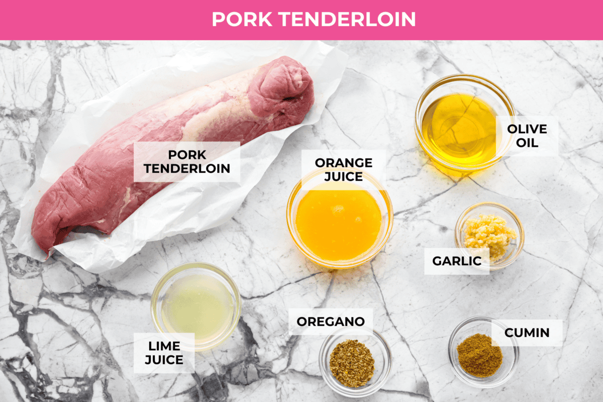 My easy Cuban sandwich is stacked with tender pork, melty Swiss, tangy pickles (my favorite), and zesty mustard! Then it's toasted in butter until perfectly crisp and golden. Overhead shot of labeled pork tenderloin ingredients.