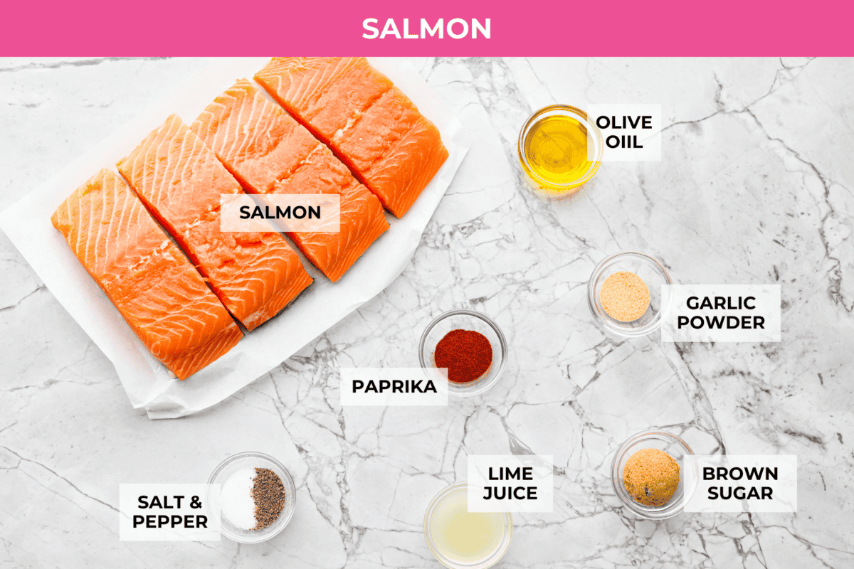 I'm obsessed with salmon, and this Mango Salsa Salmon might be my new favorite! Itโs quick, flavorful, and my kids will actually eat it! The fresh salsa is so good! Overhead shot of labeled salmon ingredients.
