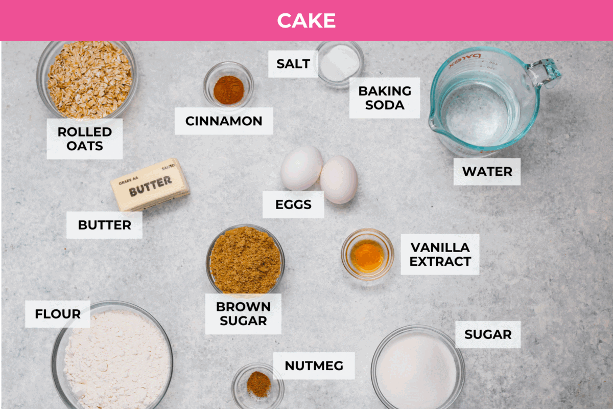 You have to make this oatmeal cake. Itโs an old-school recipe that doesnโt look like much, but that buttery pecan and coconut topping? Itโs gooey, crunchy, and totally addictive! Overhead shot of labeled oatmeal cake ingredients.