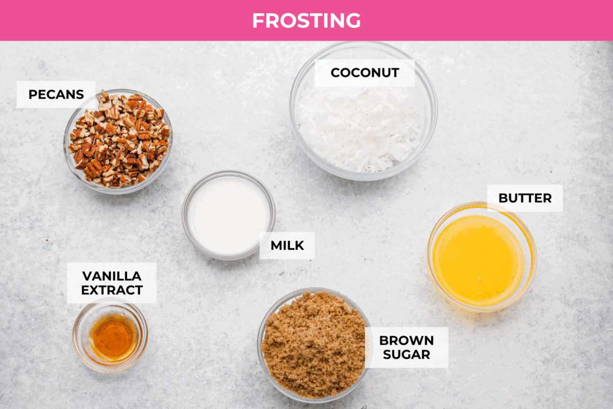 You have to make this oatmeal cake. Itโs an old-school recipe that doesnโt look like much, but that buttery pecan and coconut topping? Itโs gooey, crunchy, and totally addictive! Overhead shot of labeled oatmeal cake frosting ingredients.