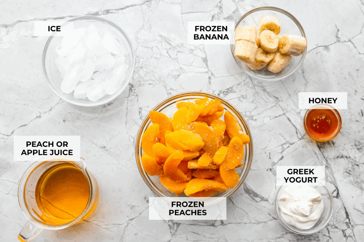 Peach smoothie perfection starts here! It’s fresh, juicy, and extra creamy thanks to Greek yogurt. And a protein boost to power you through your busy morning. Overhead shot of labeled ingredients.