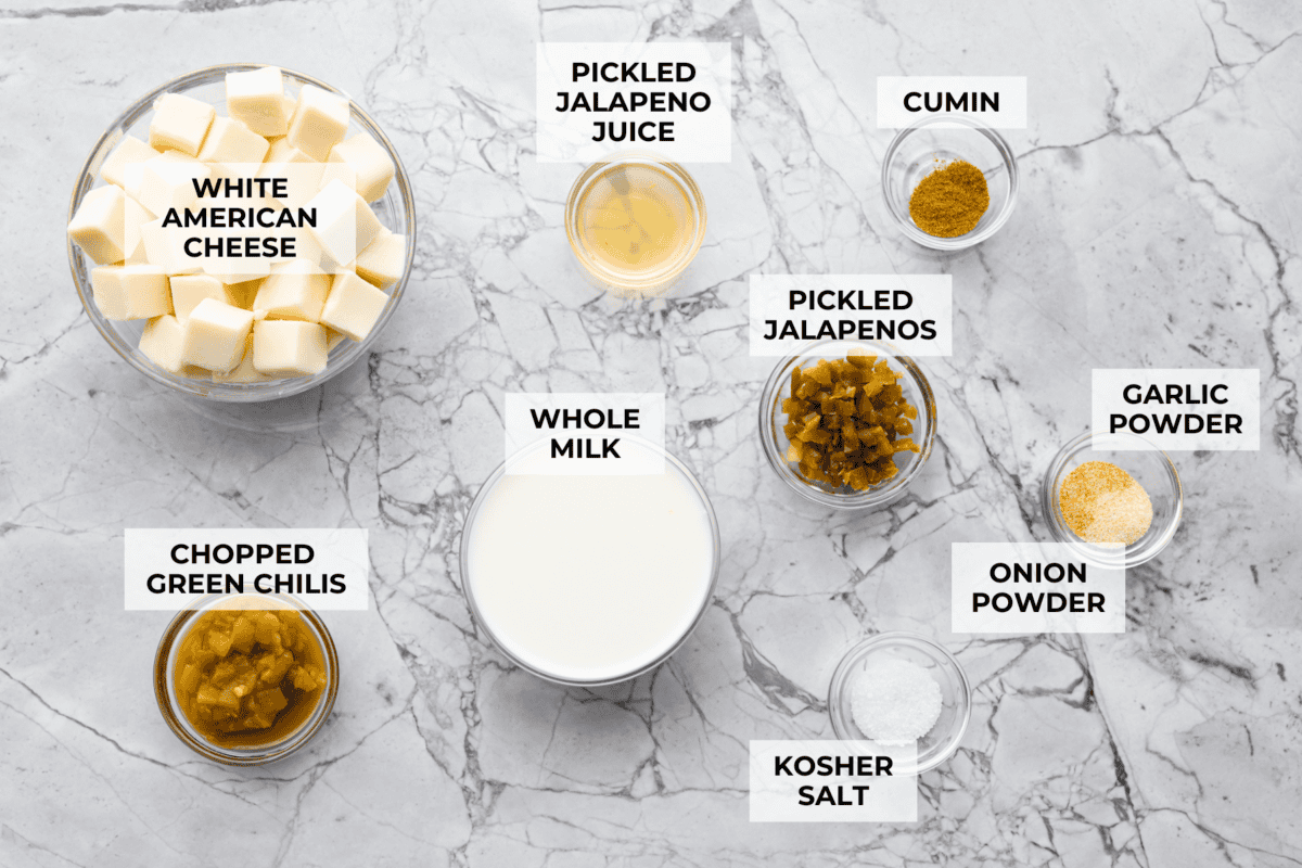 My Queso Blanco is creamy, dreamy, and seriously so addictive. The secret? White American cheese! It melts like a dream, gives you that ultra-smooth texture! Overhead shot of labeled ingredients.