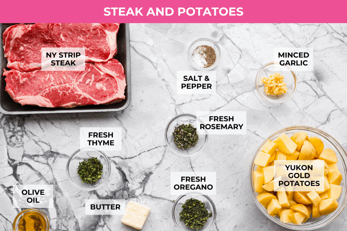 If there’s one dinner that never goes out of style, it’s steak and potatoes, especially when they’re seared to perfection in a hot skillet with garlic butter and fresh herbs. This one-pan meal is full of rich, savory flavor and comes together fast. Overhead shot of skillet steak and potatoes ingredients.
