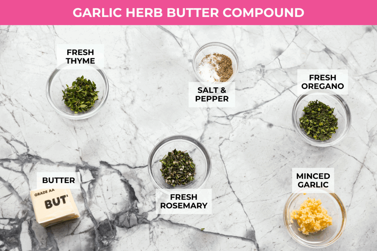 If there’s one dinner that never goes out of style, it’s steak and potatoes, especially when they’re seared to perfection in a hot skillet with garlic butter and fresh herbs. This one-pan meal is full of rich, savory flavor and comes together fast. Overhead shot of labeled garlic herb butter compound ingredients.
