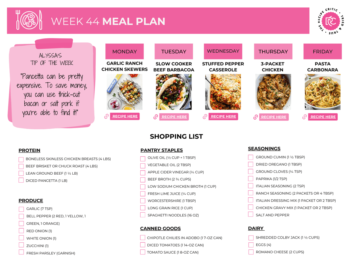 This weekโs meal plan is all about keeping things simpleย andย delicious! Iโve rounded up a fresh batch of easy-to-make dinners thatโll make your weeknight cooking a breeze. These are the kind of meals your whole crew will devourโyes, even the picky ones! A pdf of a shopping list and meal plan