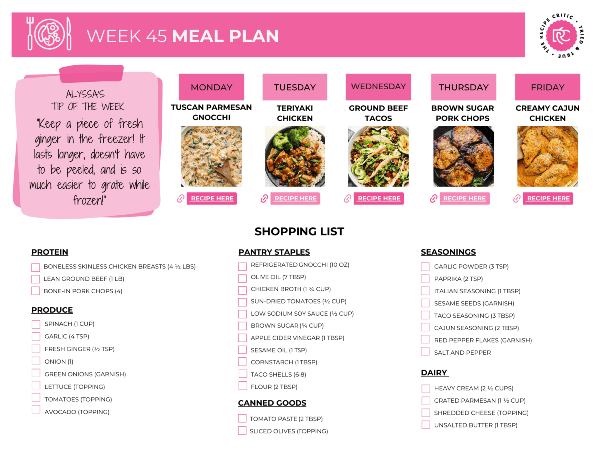 This weekโs menu is full of easy, family-friendly dinnersโand it comes with a free printable shopping list to make your week super simple! A pdf of a meal plan and shopping list.