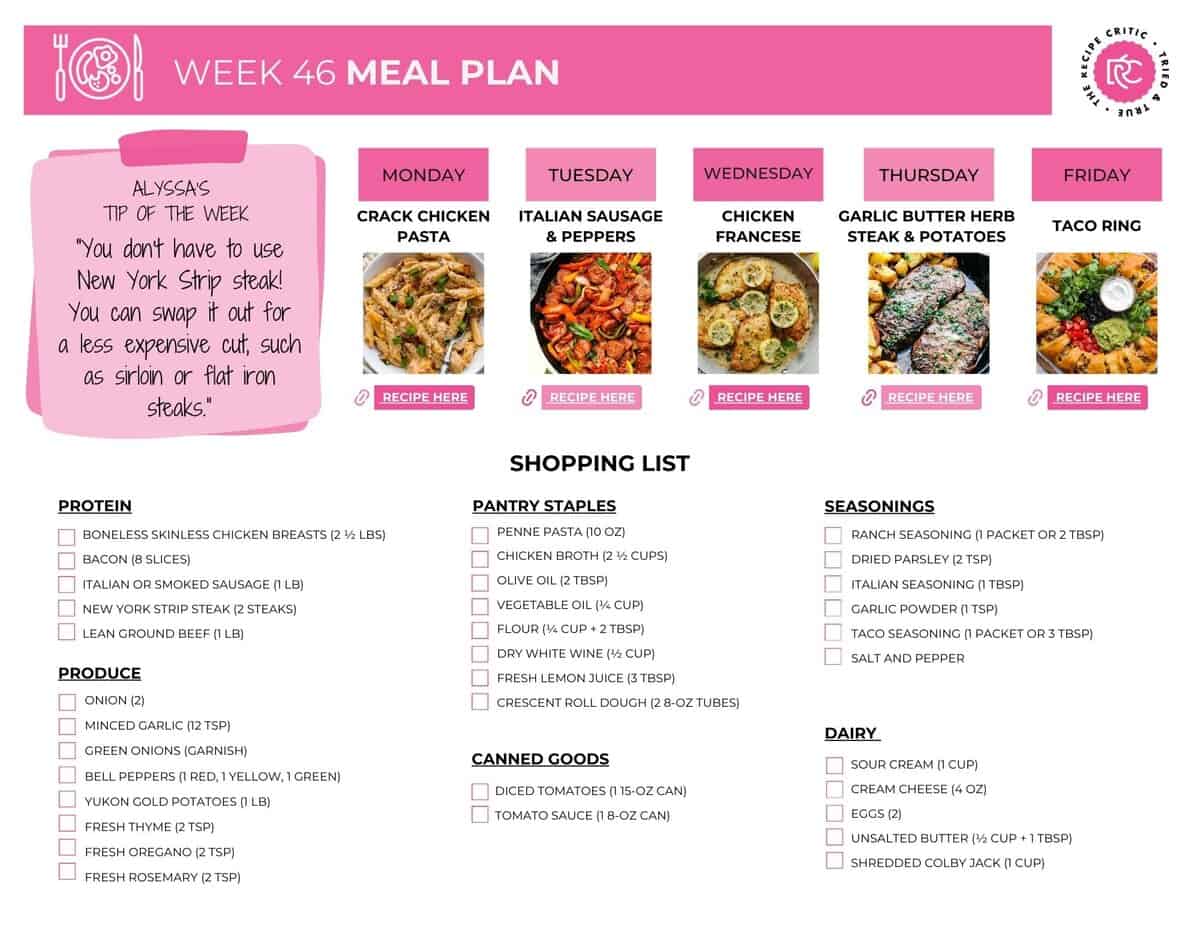 I wanted to make this week as delicious and stress-free as possible. This meal plan is packed with easy, comforting recipes that come together quickly but taste like you spent hours in the kitchen. Thereโs something for everyone! Image of the PDF printable shopping list for the different recipes for the week.