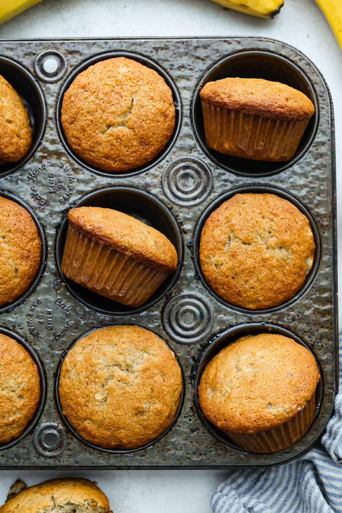 When my bananas start to turn brown and the kids need something quick, these banana muffins always save the day. They’re soft, sweet, and come together fast. Baked banana muffins still in the muffin tin.