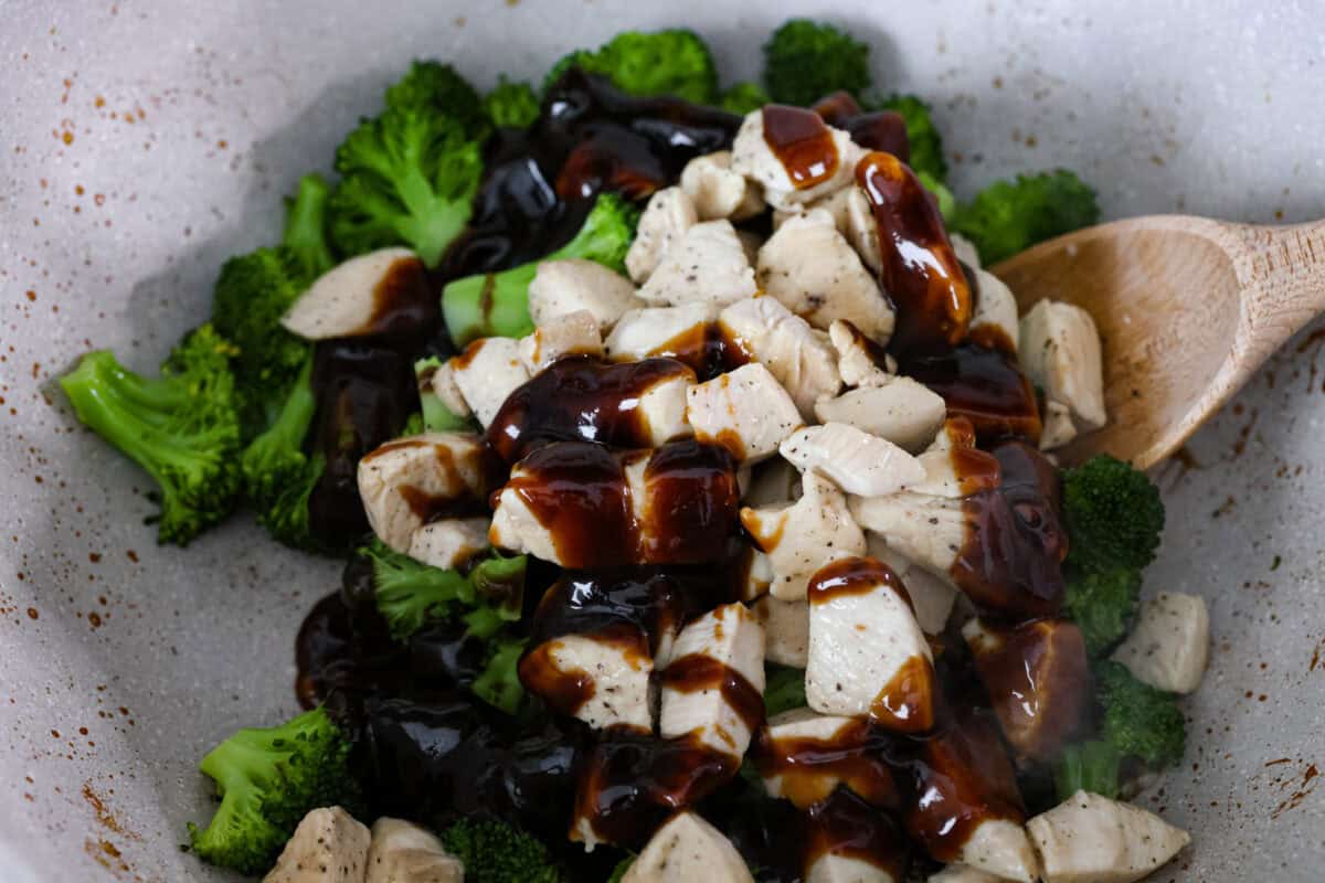 You could order takeoutโฆ or you could make my better-than-takeout hoisin chicken! It has no weird oils, no soggy broccoli. Just crisp, juicy chicken, perfectly sauced with that sweet-savory hoisin magic. Chicken, broccoli and sauce added back to the skillet.