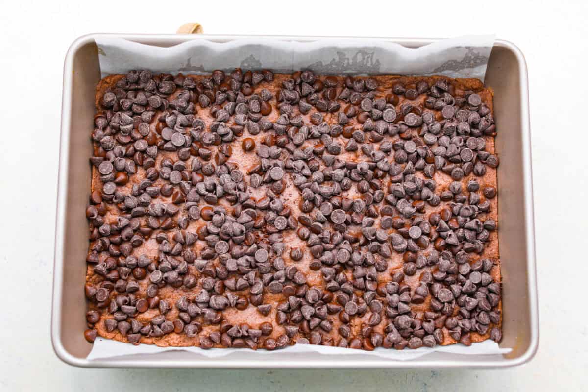 Caramel brownies just got easier! Made with cake mix and melted caramel candies, they’re rich, gooey, egg-free, and fuss-free. This will be your new favorite shortcut dessert! Chocolate chips added to the top of the par baked batter.