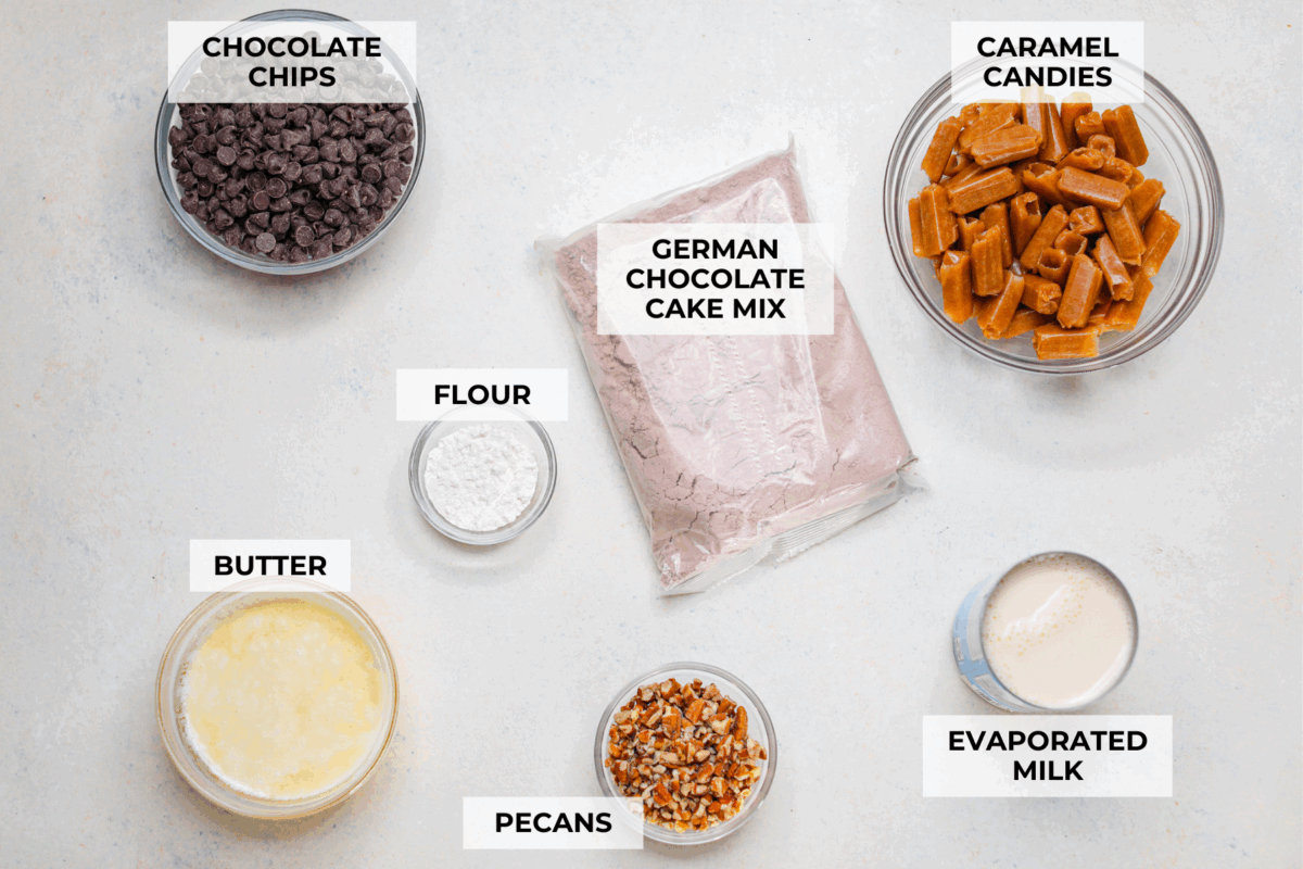 Caramel brownies just got easier! Made with cake mix and melted caramel candies, they’re rich, gooey, egg-free, and fuss-free. This will be your new favorite shortcut dessert! Overhead shot of labeled ingredients.