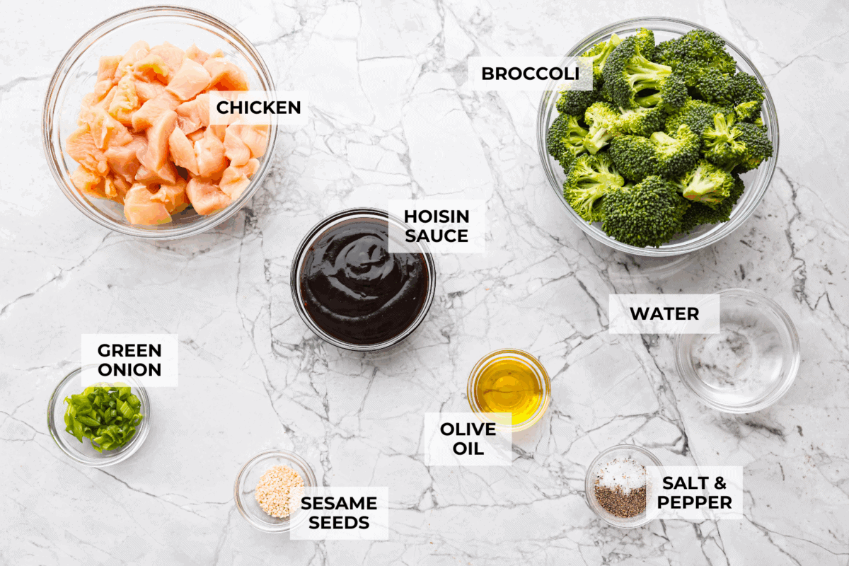 You could order takeoutโฆ or you could make my better-than-takeout hoisin chicken! It has no weird oils, no soggy broccoli. Just crisp, juicy chicken, perfectly sauced with that sweet-savory hoisin magic. Overhead shot of labeled ingredients.