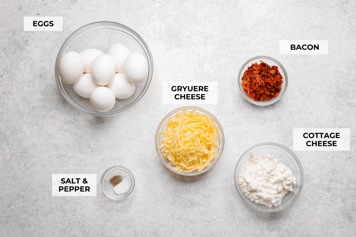 Iโve been hooked on Starbucks egg bites for years, but not the price! This homemade version is just as fluffy and flavorful, and makes the perfect grab-and-go, protein-packed breakfast. Overhead shot of labeled ingredients.