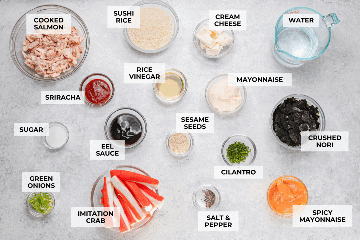 My simple Sushi Bake has all the flavors you love about sushi in an easy, no-roll casserole-style dish. Itโs faster, more affordable, and perfect for feeding a crowd without sacrificing that sushi fix. Overhead shot of labeled ingredients.