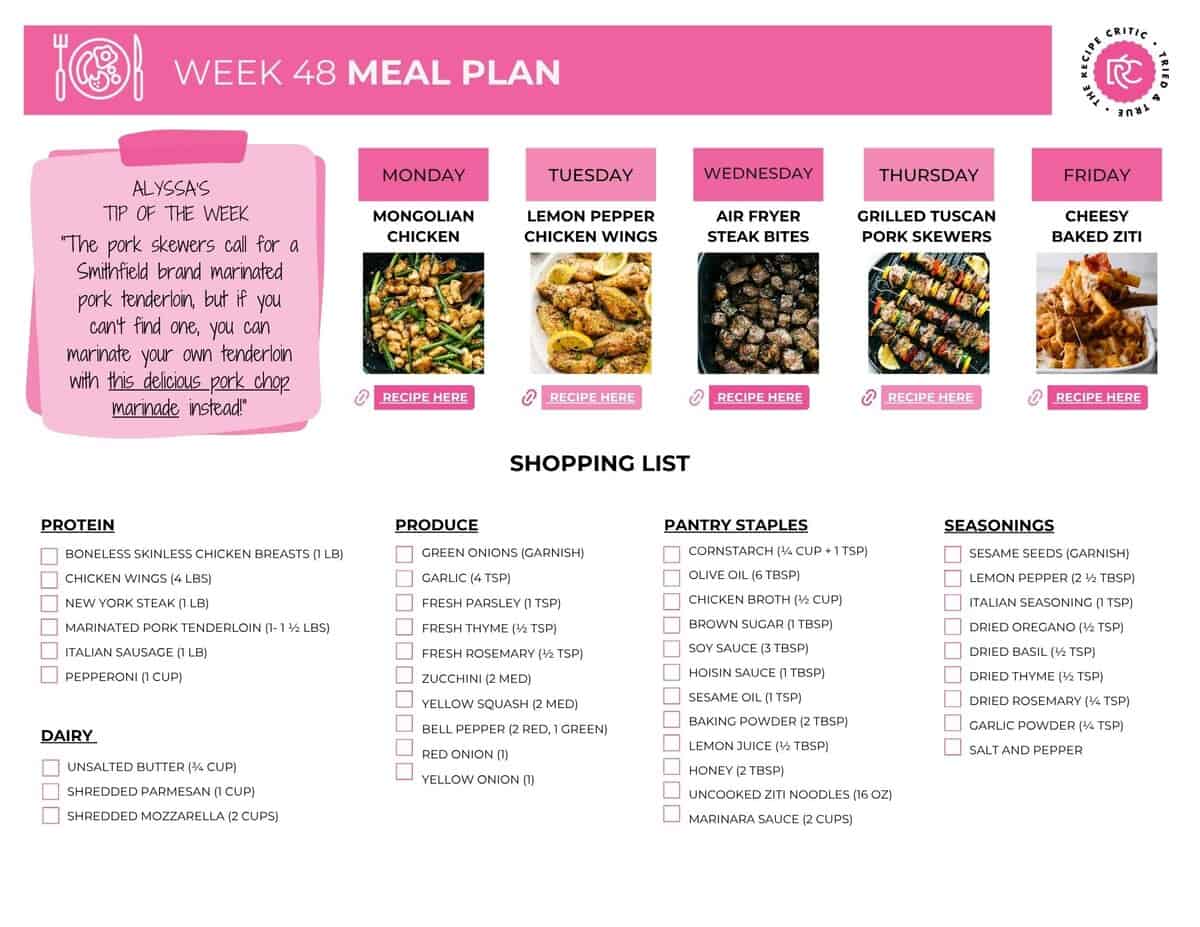 Need a break from last-minute dinner decisions? This weekโs meal plan is here to help. With five flavorful meals and a ready-to-go grocery list, youโll spend less time wondering what to cook and more time enjoying it. Picture of the printable shopping list.