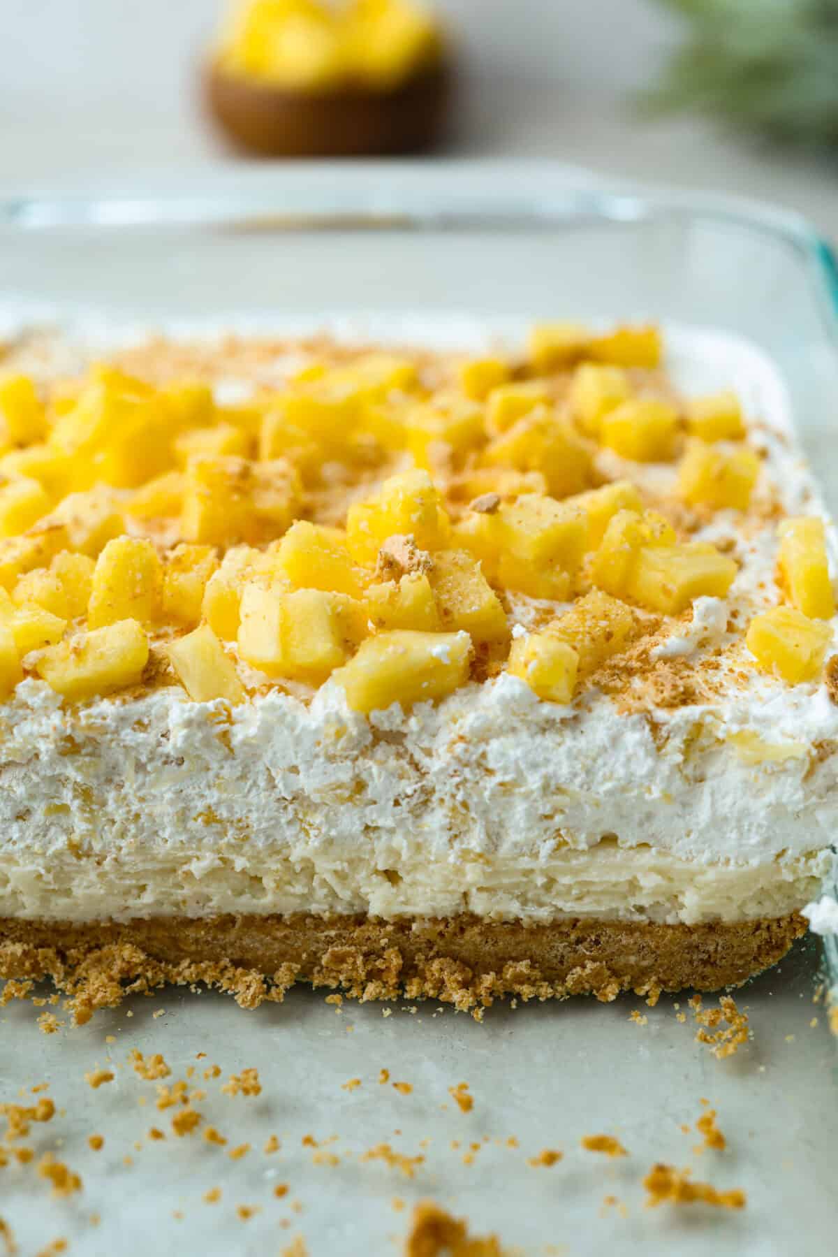 Craving a bright and sunny dessert? This pineapple delight will hit the spot! With a buttery crust, creamy filling, and sweet pineapple topping, it’s light, tropical, and totally irresistible! Side shot of pineapple delight topped with pineapple and crushed graham cracker crumbs.