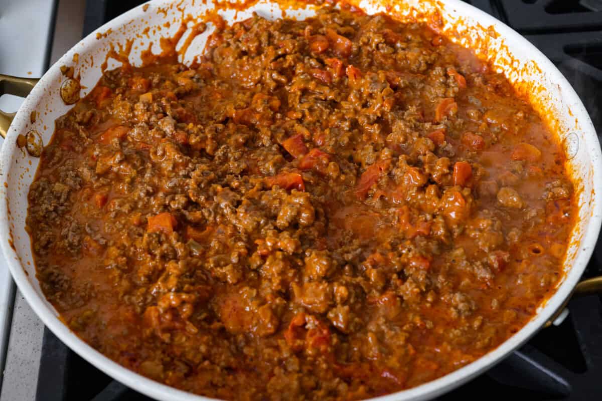 Ingredients all mixed together in the skillet.