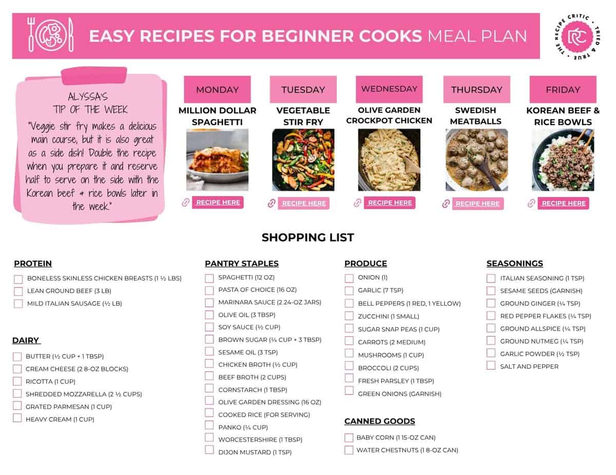 If youโve ever stared into your fridge and thought, โWhy does dinner feel so hard?โ this is for you. Whether youโre just learning to cook or just need something easy (hi, same), this simple meal plan is packed with easy recipes that taste amazing. Image of the free printable included in the meal plan.