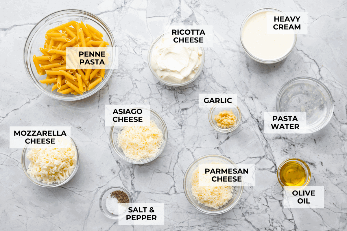 Craving something cozy, cheesy, and totally irresistible? My four cheese pasta brings comfort with a creamy ricotta base and a melty mix of easy-to-find Italian cheeses. It’s indulgent and totally hits the flavor jackpot! Overhead shot of labeled ingredients.