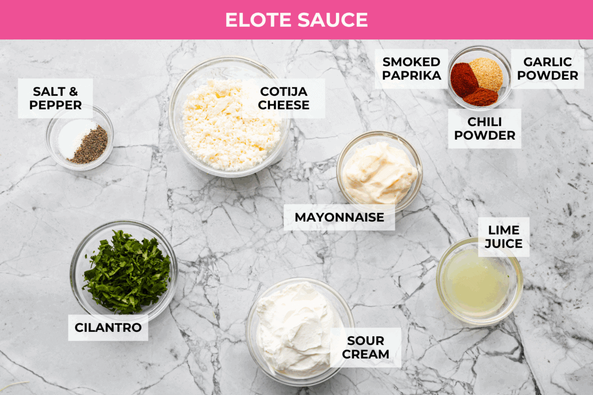 I had to try these viral Corn Ribs, and now I totally get the hype! They're fun, handheld, and smothered in creamy, zesty Mexican street corn flavor. Make a batch to share... or donโt. I wonโt judge. Overhead shot of labeled elote sauce ingredients.