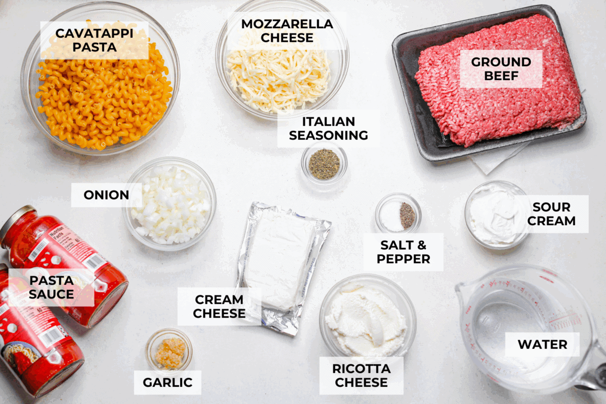 Crockpot million dollar pasta is rich, creamy, and straight-up dreamy. No boiling, no babysitting, just toss it all in and let your slow cooker work its magic! Overhead shot of labeled ingredients.